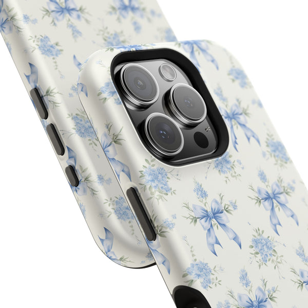 Mag Safe Phone Case  Preppy Blue Bows and Floral Design Magnetic Tough Case for iPhone