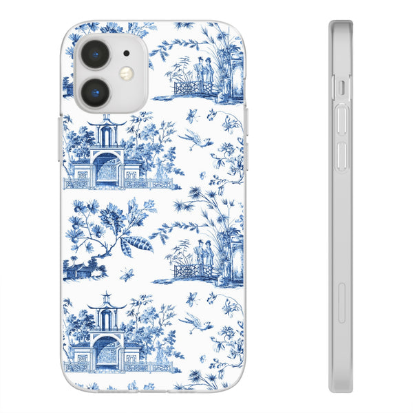 Flexible Phone Case - Chinoiserie Blue and White Toile Pagoda iPhone Samsung, White Background with Blue Toile Pattern