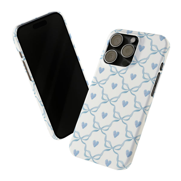 Bow and Heart Collab Print, Coquette blue and white, loveshackfancy inspired, preppy print Phone Case, all iPhone 15 14 Plus Pro Max 13