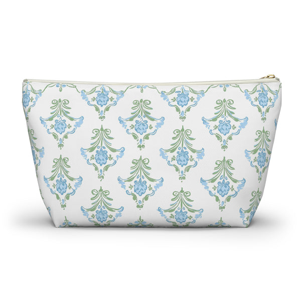 Preppy Block Print Blue and Green - Accessory Zip Pouch Available in Two Sizes - White canvas laminated interior, Grand Millennial style