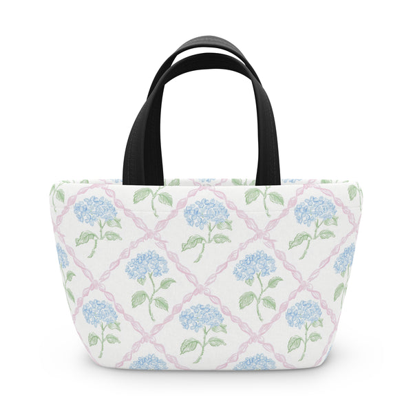 Preppy Blue Hydrangea pink ribbon lattice lunch bag, insulated, cooler bag, One size, washable, magnet closure