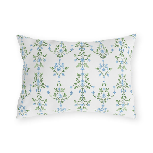 Blue Preppy Floral Outdoor Pillows, Grand Millennial Design, Block Print, Patio Cushion Covers, Choose from 4 Sizes