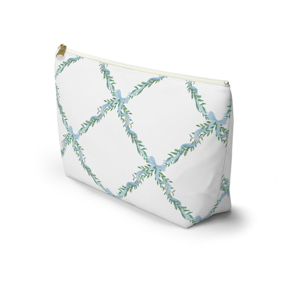 Zipper Pouch, Preppy Lattice Blue Bows - Accessory Bag Available in Two Sizes
