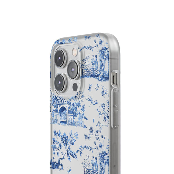 Flexible Phone Case - Chinoiserie Blue and White Toile Pagoda iPhone Samsung, White Background with Blue Toile Pattern