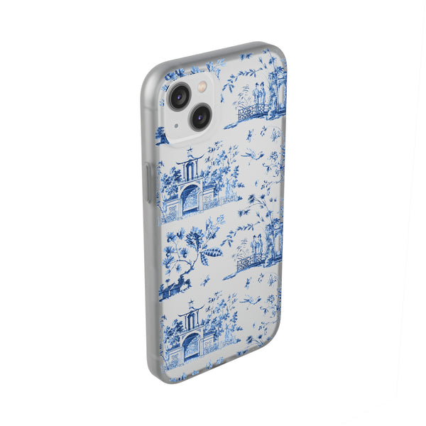 Flexible Phone Case - Chinoiserie Blue and White Toile Pagoda iPhone Samsung, White Background with Blue Toile Pattern