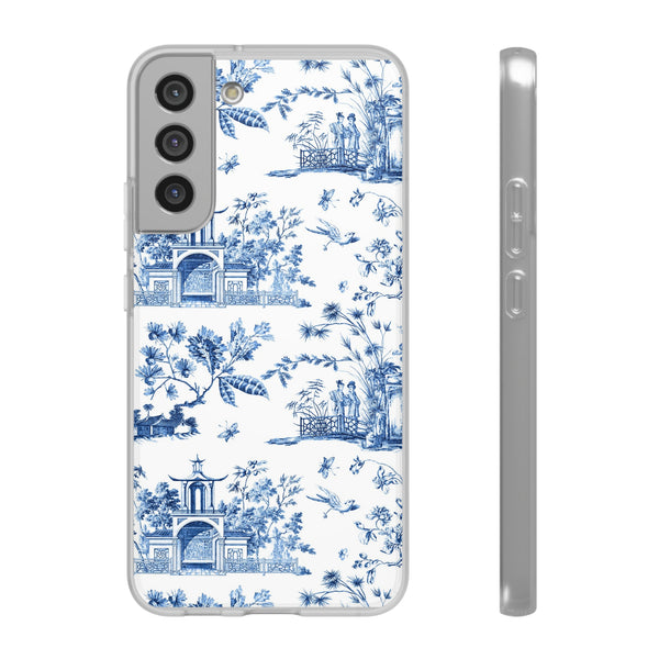 Flexible Phone Case - Chinoiserie Blue and White Toile Pagoda iPhone Samsung, White Background with Blue Toile Pattern