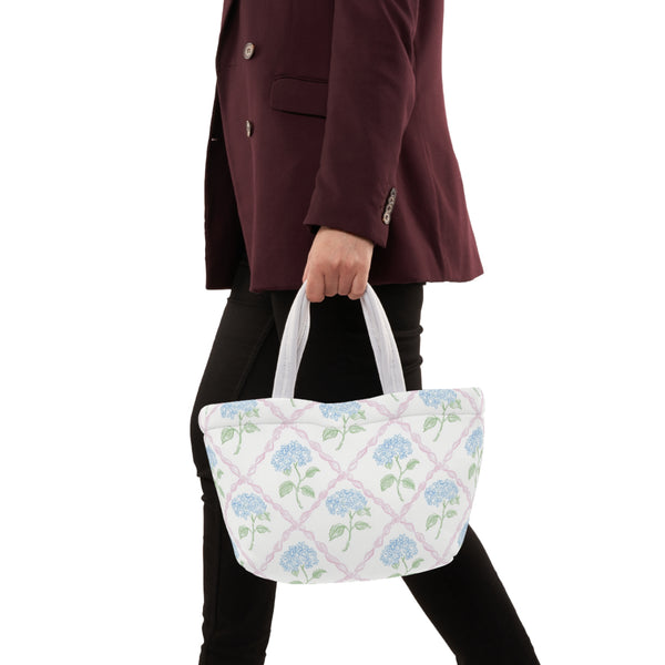 Preppy Blue Hydrangea pink ribbon lattice lunch bag, insulated, cooler bag, One size, washable, magnet closure