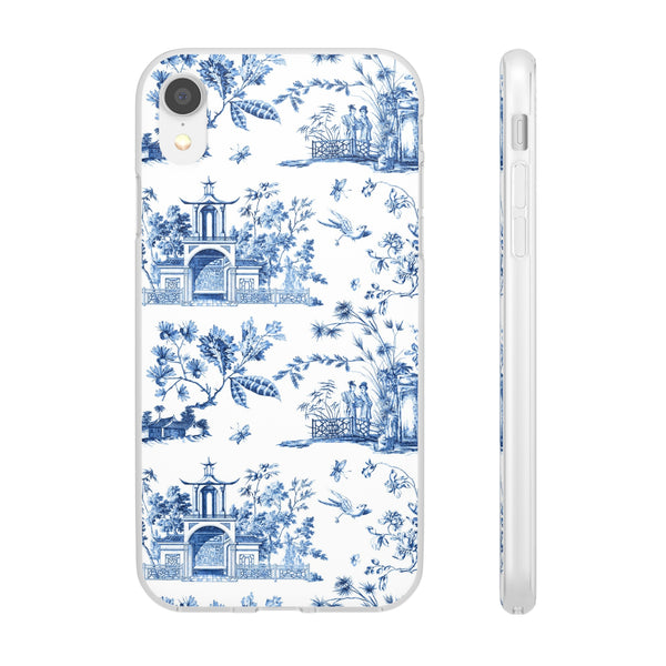 Flexible Phone Case - Chinoiserie Blue and White Toile Pagoda iPhone Samsung, White Background with Blue Toile Pattern