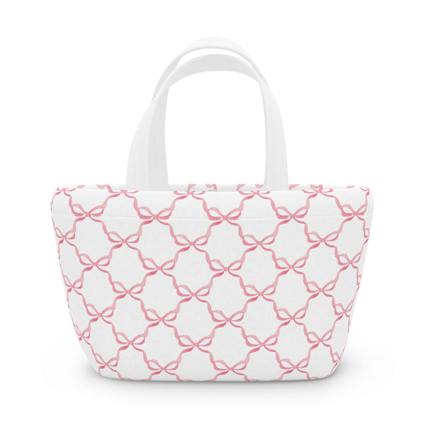 Preppy Pink Bows lunch bag, insulated, cooler bag, One size, washable, magnet closure, Choose White or Black Handle