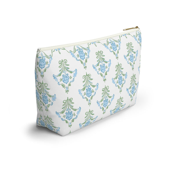 Preppy Block Print Blue and Green - Accessory Zip Pouch Available in Two Sizes - White canvas laminated interior, Grand Millennial style