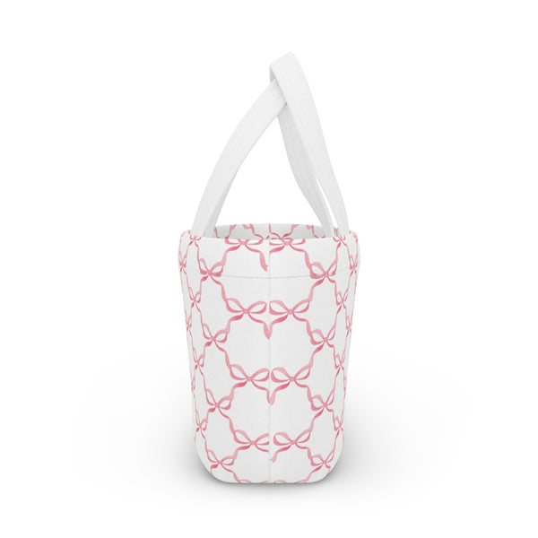 Preppy Pink Bows lunch bag, insulated, cooler bag, One size, washable, magnet closure, Choose White or Black Handle