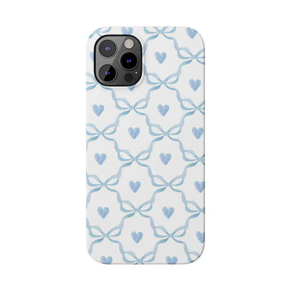 Bow and Heart Collab Print, Coquette blue and white, loveshackfancy inspired, preppy print Phone Case, all iPhone 15 14 Plus Pro Max 13