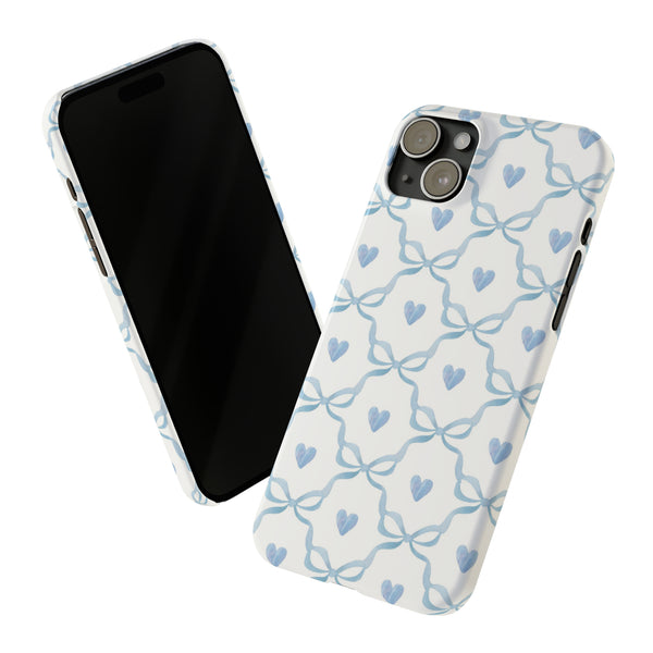 Bow and Heart Collab Print, Coquette blue and white, loveshackfancy inspired, preppy print Phone Case, all iPhone 15 14 Plus Pro Max 13