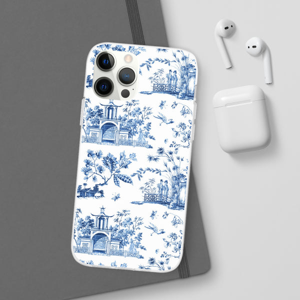 Flexible Phone Case - Chinoiserie Blue and White Toile Pagoda iPhone Samsung, White Background with Blue Toile Pattern