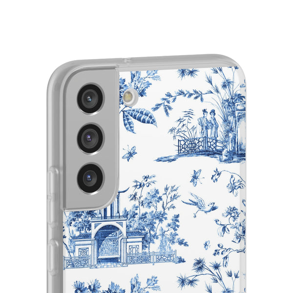 Flexible Phone Case - Chinoiserie Blue and White Toile Pagoda iPhone Samsung, White Background with Blue Toile Pattern