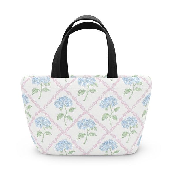 Preppy Blue Hydrangea pink ribbon lattice lunch bag, insulated, cooler bag, One size, washable, magnet closure