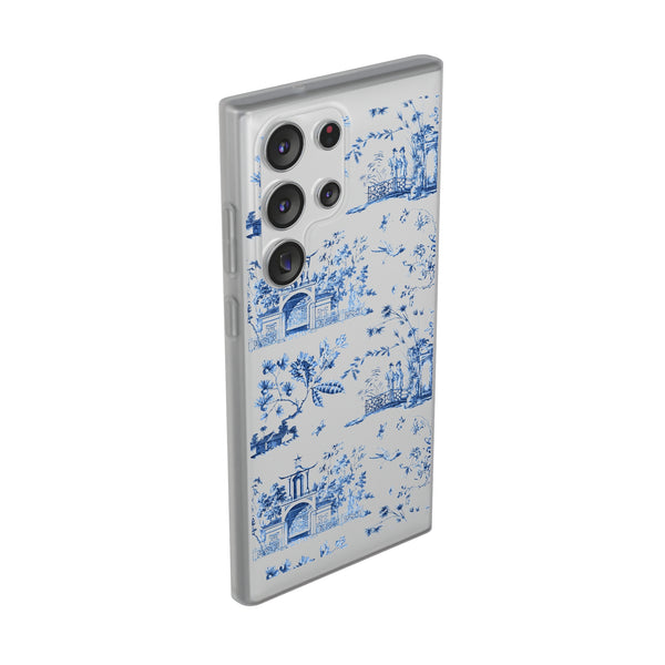 Flexible Phone Case - Chinoiserie Blue and White Toile Pagoda iPhone Samsung, White Background with Blue Toile Pattern