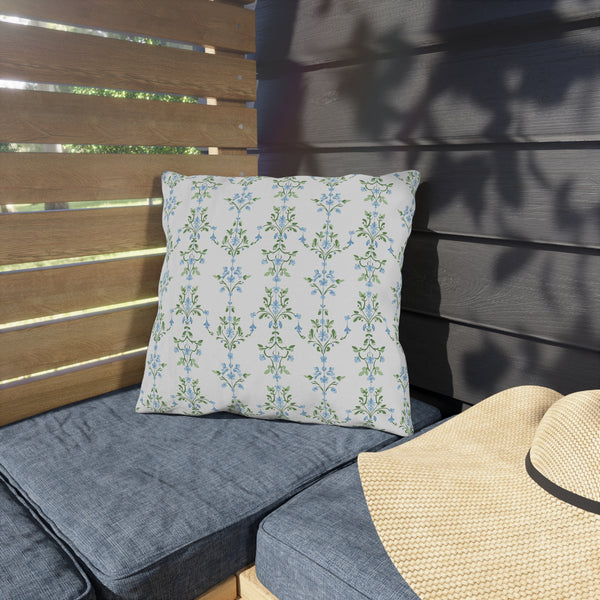 Blue Preppy Floral Outdoor Pillows, Grand Millennial Design, Block Print, Patio Cushion Covers, Choose from 4 Sizes