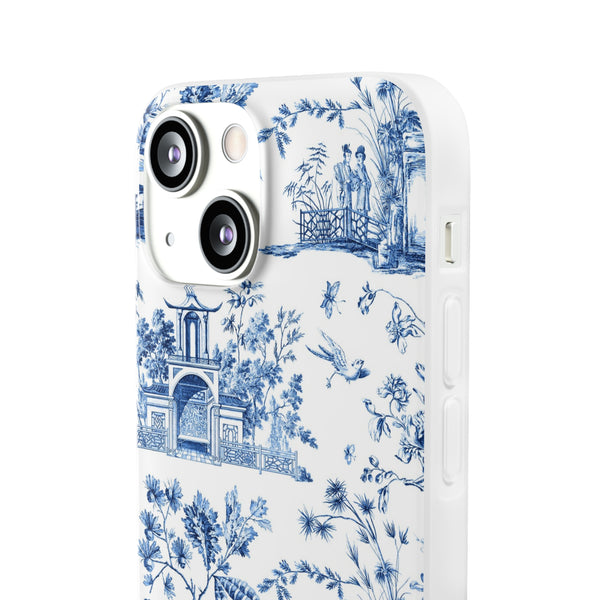 Flexible Phone Case - Chinoiserie Blue and White Toile Pagoda iPhone Samsung, White Background with Blue Toile Pattern