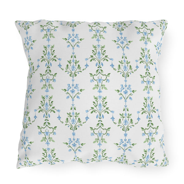 Blue Preppy Floral Outdoor Pillows, Grand Millennial Design, Block Print, Patio Cushion Covers, Choose from 4 Sizes