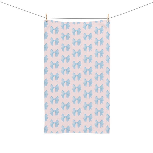Hand Towel Blue Bows, Blush Pink Towel