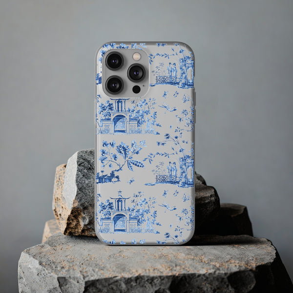 Flexible Phone Case - Chinoiserie Blue and White Toile Pagoda iPhone Samsung, White Background with Blue Toile Pattern