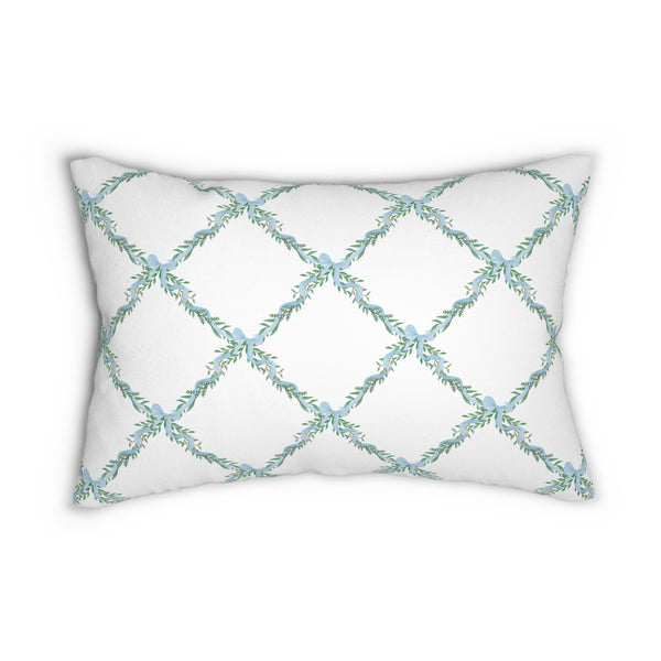 Decorative Lumbar Pillow Lattice Floral Blue Bow,  Preppy Accent with insert , 14" x 20"