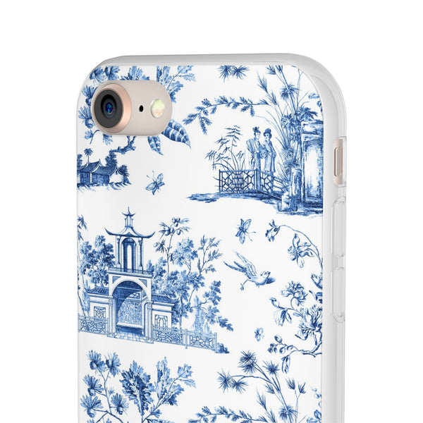 Flexible Phone Case - Chinoiserie Blue and White Toile Pagoda iPhone Samsung, White Background with Blue Toile Pattern