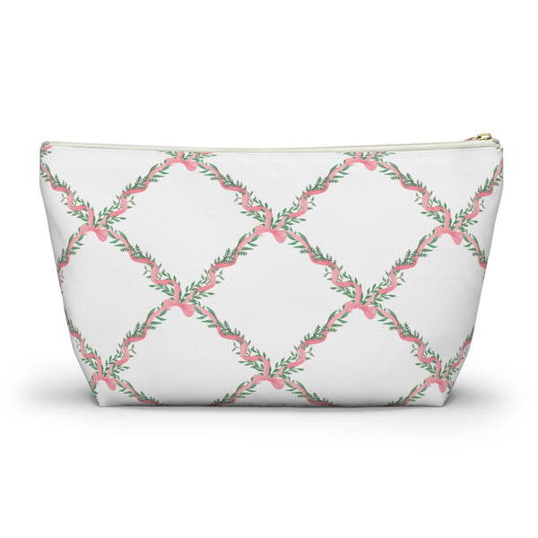 Zipper Pouch, Preppy Lattice Pink Bows - Accessory Bag Available in Two Sizes