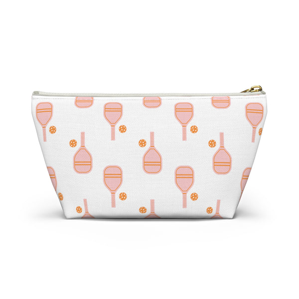 Pickleball  Bag with Zipper,  Pink and Orange, Makeup case, Clutch,   Accessory Zip Pouch Available in Two Sizes - White canvas