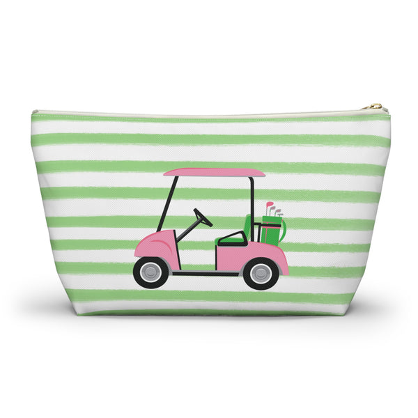 Golf Cart - Preppy Stripes Accessory Zip Pouch Available in Two Sizes - White Canvas, gold zipper Golf lover gift, Golf team gift
