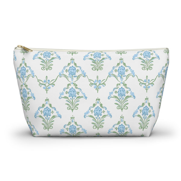 Preppy Block Print Blue and Green - Accessory Zip Pouch Available in Two Sizes - White canvas laminated interior, Grand Millennial style