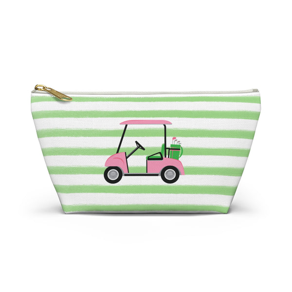 Golf Cart - Preppy Stripes Accessory Zip Pouch Available in Two Sizes - White Canvas, gold zipper Golf lover gift, Golf team gift