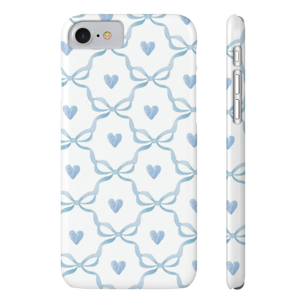 Bow and Heart Collab Print, Coquette blue and white, loveshackfancy inspired, preppy print Phone Case, all iPhone 15 14 Plus Pro Max 13