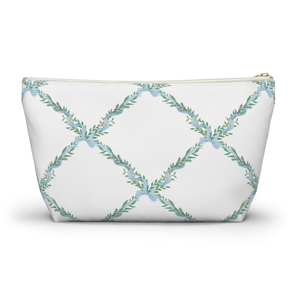 Zipper Pouch, Preppy Lattice Blue Bows - Accessory Bag Available in Two Sizes
