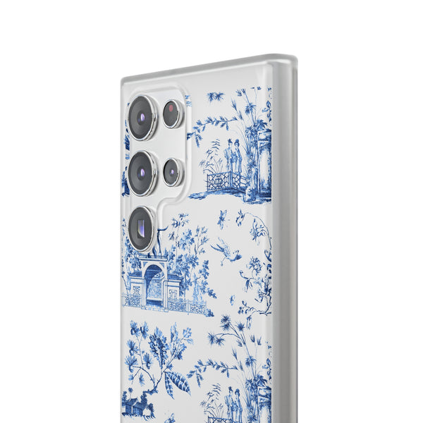 Flexible Phone Case - Chinoiserie Blue and White Toile Pagoda iPhone Samsung, White Background with Blue Toile Pattern