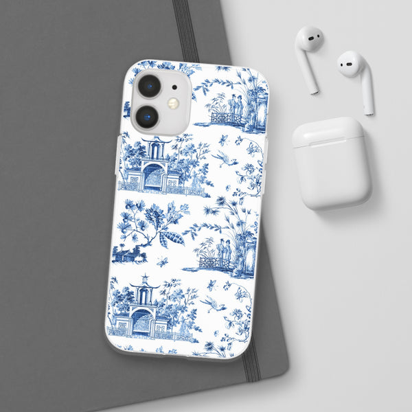 Flexible Phone Case - Chinoiserie Blue and White Toile Pagoda iPhone Samsung, White Background with Blue Toile Pattern