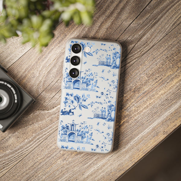 Flexible Phone Case - Chinoiserie Blue and White Toile Pagoda iPhone Samsung, White Background with Blue Toile Pattern