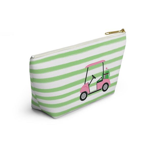 Golf Cart - Preppy Stripes Accessory Zip Pouch Available in Two Sizes - White Canvas, gold zipper Golf lover gift, Golf team gift