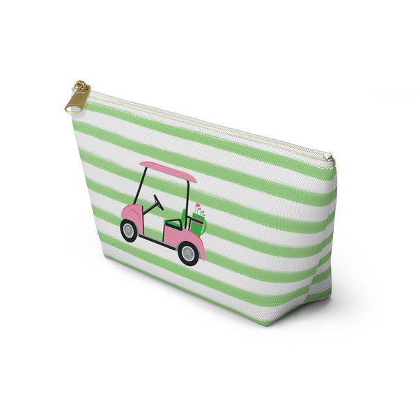 Golf Cart - Preppy Stripes Accessory Zip Pouch Available in Two Sizes - White Canvas, gold zipper Golf lover gift, Golf team gift