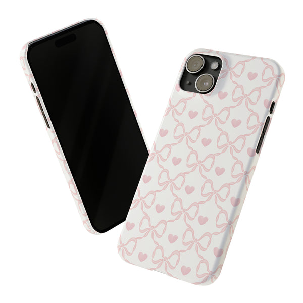 Bow  Heart Print, Coquette pale pink and white, loveshackfancy inspired, preppy print Phone Case Slim, all iPhone 15 14 Plus Pro Max 13
