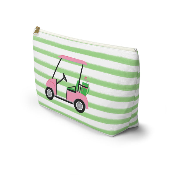 Golf Cart - Preppy Stripes Accessory Zip Pouch Available in Two Sizes - White Canvas, gold zipper Golf lover gift, Golf team gift