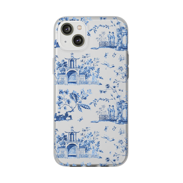 Flexible Phone Case - Chinoiserie Blue and White Toile Pagoda iPhone Samsung, White Background with Blue Toile Pattern