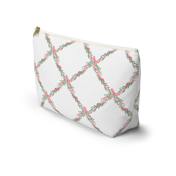 Zipper Pouch, Preppy Lattice Pink Bows - Accessory Bag Available in Two Sizes
