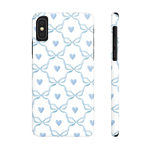 Bow and Heart Collab Print, Coquette blue and white, loveshackfancy inspired, preppy print Phone Case, all iPhone 15 14 Plus Pro Max 13