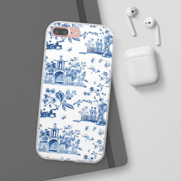 Flexible Phone Case - Chinoiserie Blue and White Toile Pagoda iPhone Samsung, White Background with Blue Toile Pattern