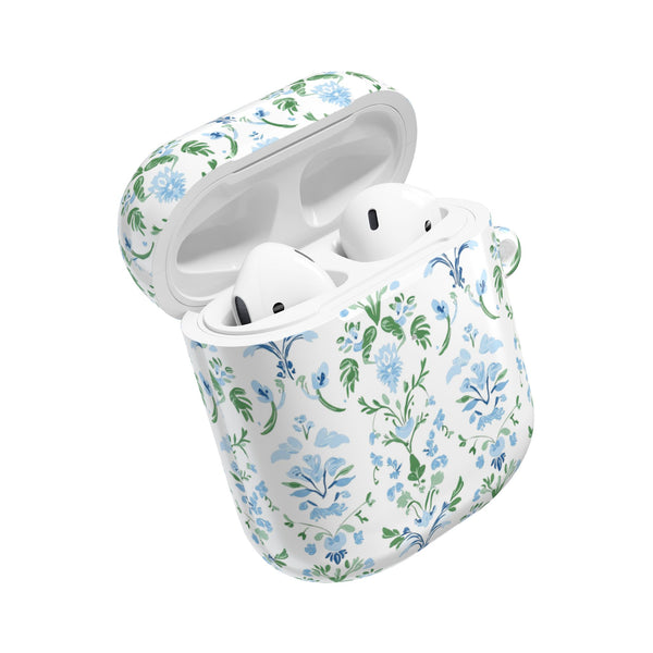 Block Print Blue and Green Floral Pattern AirPod Case, , Gift for Her, Cute Accessories,  Preppy, Grand Millennial