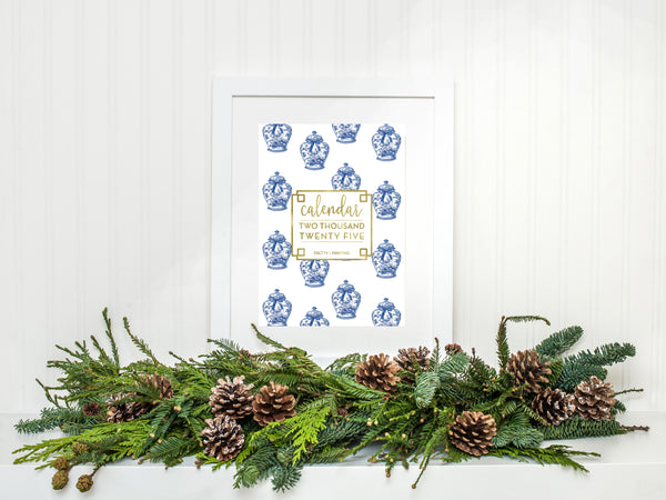 2025 Desk Calendar with Stand - Blue and White chinoiserie