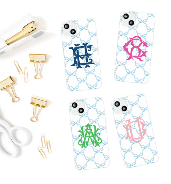 Phone Case - Watercolor Bow Pattern with Chinoiserie Monogram