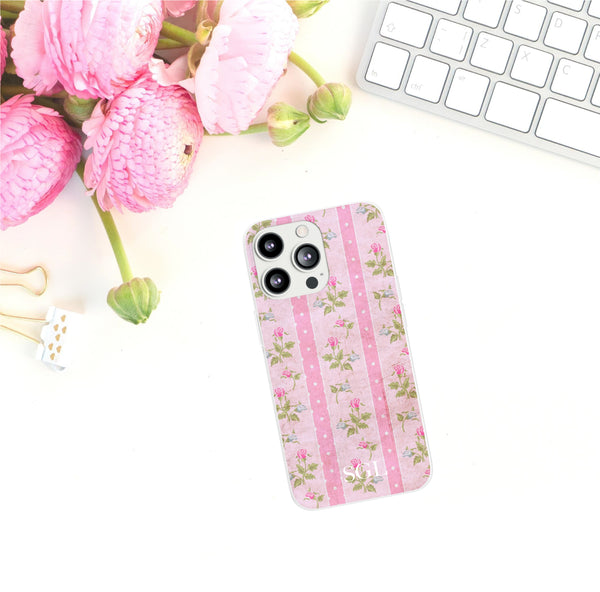 Phone Case -Preppy Pink Floral with Stripes